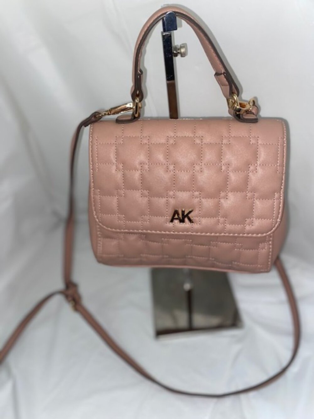 Anne Klein Dusty Rose Pink Quilted Flap Satchel Bag with Crossbody Strap